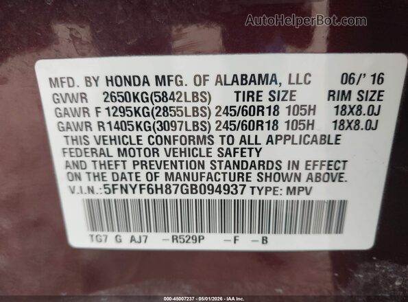 5FNYF6H87GB094937 2016 HONDA PILOT Maroon Շարժիչի բաժամունքի տեսք