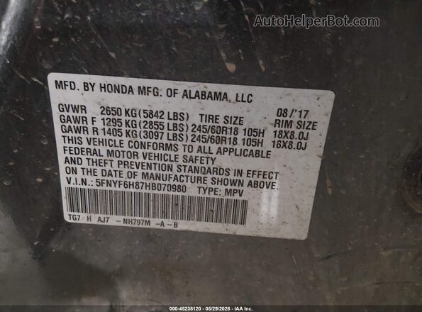 5FNYF6H87HB070980 2017 HONDA PILOT Gray Շարժիչի բաժամունքի տեսք