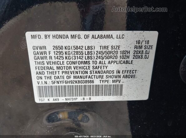 5FNYF6H92KB038986 2019 HONDA PILOT Черный Вид подкапотного пространства