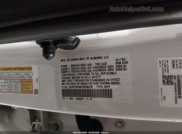 5FNYF6H92LB048290 2020 HONDA PILOT White Widok komory silnika