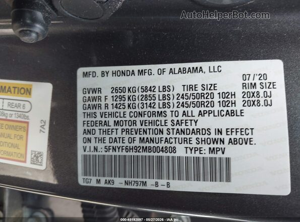 5FNYF6H92MB004808 2021 HONDA PILOT Gray Вид підкапотного простору