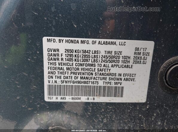 5FNYF6H96HB071675 2017 HONDA PILOT Blue Շարժիչի բաժամունքի տեսք