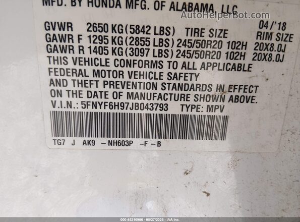 5FNYF6H97JB043793 2018 HONDA PILOT White Շարժիչի բաժամունքի տեսք