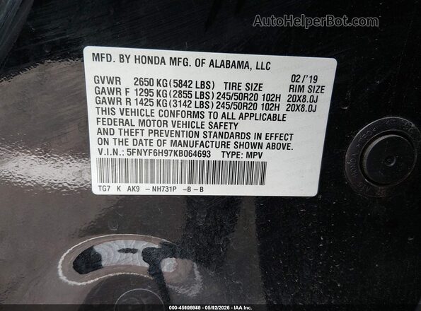 5FNYF6H97KB064693 2019 HONDA PILOT Black ძრავის განყოფილების ხედი