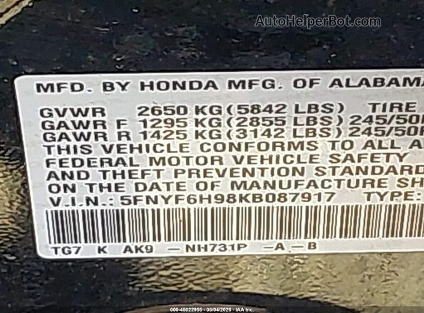 5FNYF6H98KB087917 2019 HONDA PILOT Черный Вид подкапотного пространства