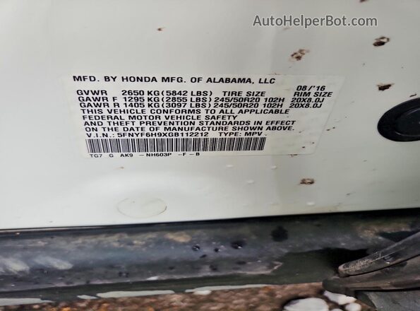 5FNYF6H9XGB112212 2016 HONDA PILOT Белый 