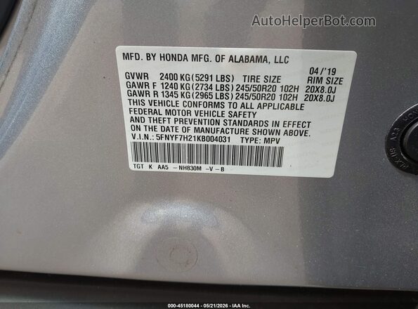 5FNYF7H21KB004031 2019 HONDA PASSPORT Gray Vista del compartimento del motor