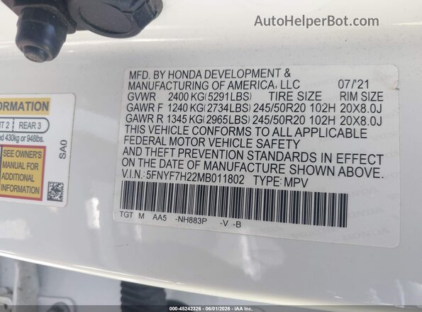 5FNYF7H22MB011802 2021 HONDA PASSPORT Белый Вид подкапотного пространства
