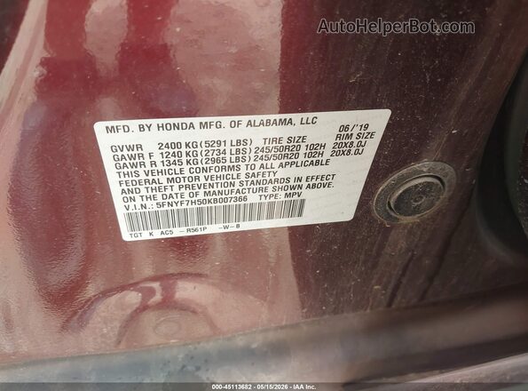 5FNYF7H50KB007366 2019 HONDA PASSPORT Темно-бордовый Вид подкапотного пространства