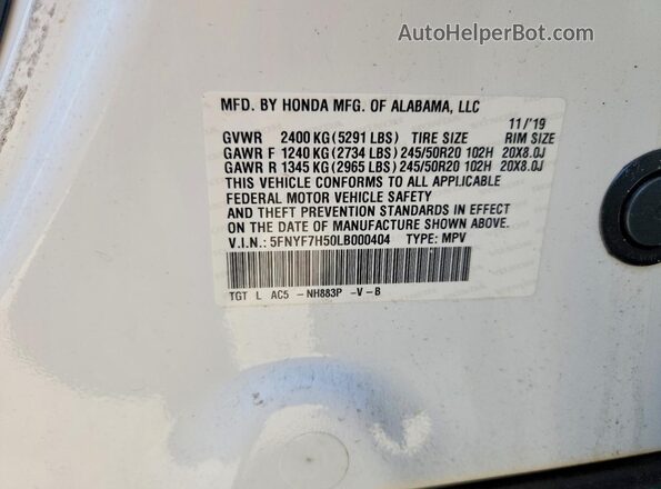 5FNYF7H50LB000404 2020 HONDA PASSPORT White Vista de la etiqueta del VIN
