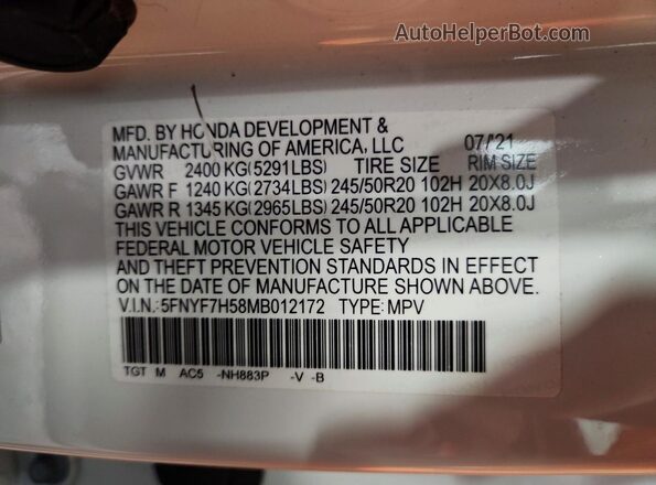 5FNYF7H58MB012172 2021 HONDA PASSPORT White 