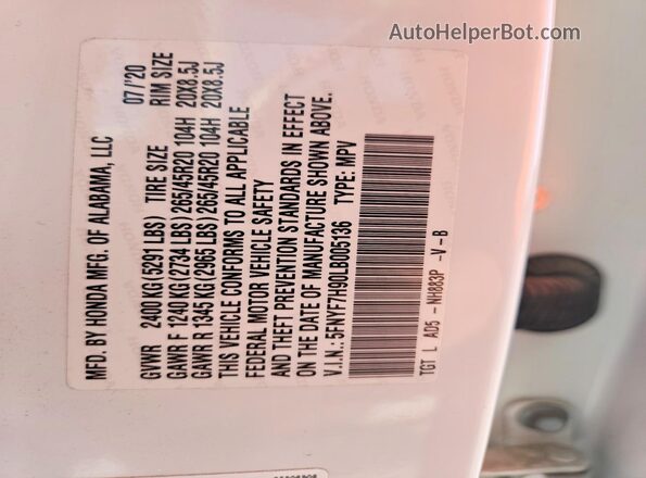 5FNYF7H90LB005136 2020 HONDA PASSPORT White VIN კოდის სტიკერის ხედი
