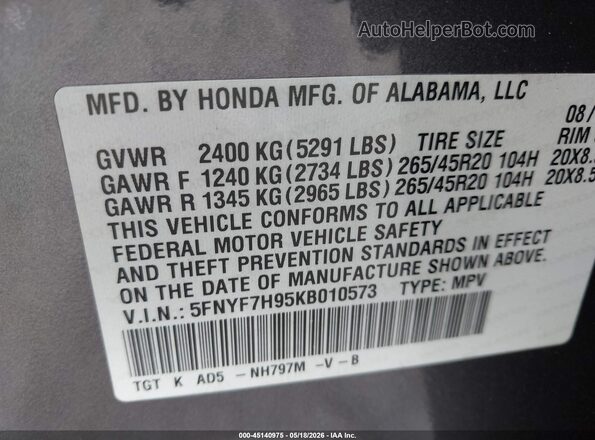 5FNYF7H95KB010573 2019 HONDA PASSPORT Черный 
