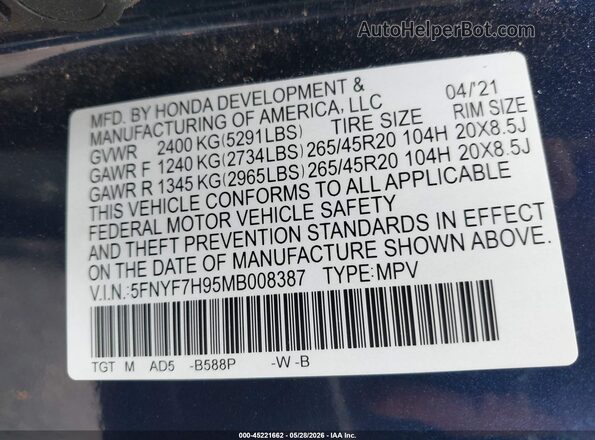 5FNYF7H95MB008387 2021 HONDA PASSPORT Navy Вид подкапотного пространства