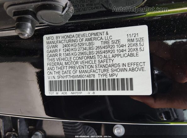 5FNYF7H9XMB014878 2021 HONDA PASSPORT Black Շարժիչի բաժամունքի տեսք