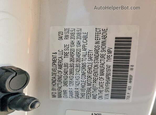 5FNYF8H04PB019747 2023 HONDA PILOT White VIN sticker view