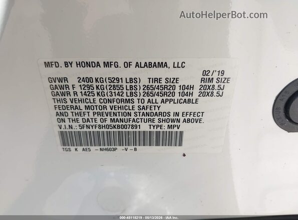 5FNYF8H05KB007891 2019 HONDA PASSPORT Белый Вид подкапотного пространства
