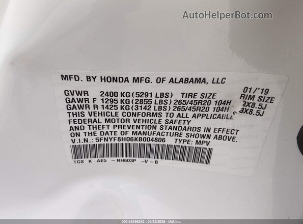 5FNYF8H06KB004806 2019 HONDA PASSPORT White Вид підкапотного простору