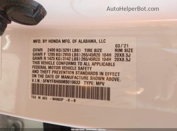5FNYF8H06MB019633 2021 HONDA PASSPORT White Вид підкапотного простору
