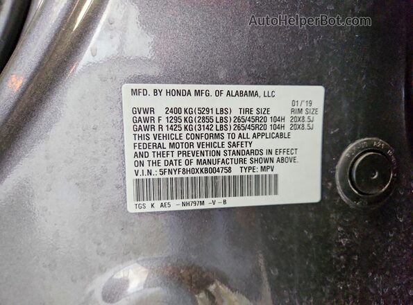 5FNYF8H0XKB004758 2019 HONDA PASSPORT Gray 