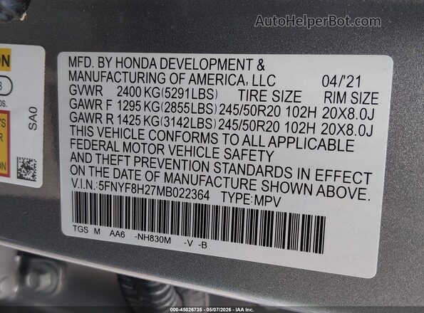 5FNYF8H27MB022364 2021 HONDA PASSPORT Silver Vista del compartimento del motor