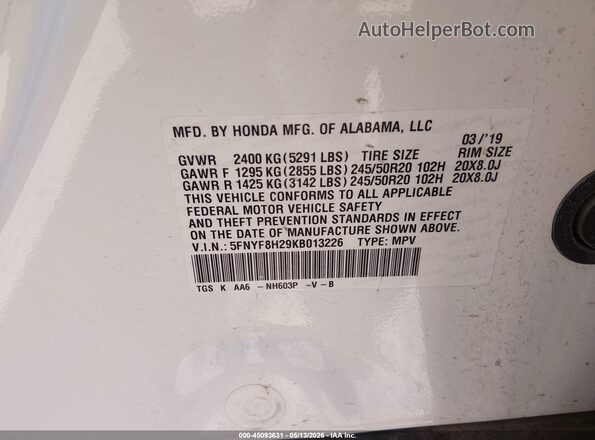 5FNYF8H29KB013226 2019 HONDA PASSPORT White 