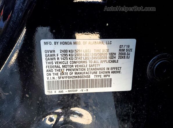 5FNYF8H29KB022458 2019 HONDA PASSPORT Black 