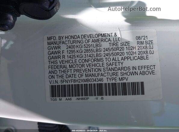 5FNYF8H2XMB034346 2021 HONDA PASSPORT White Engine compartment view