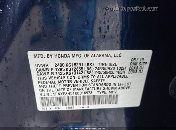 5FNYF8H51KB018978 2019 HONDA PASSPORT Blue Engine compartment view
