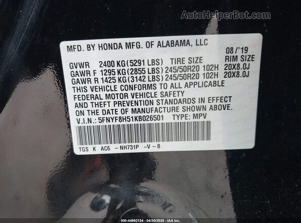 5FNYF8H51KB026501 2019 HONDA PASSPORT Black 