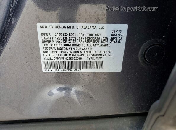 5FNYF8H52KB025101 2019 HONDA PASSPORT Gray 