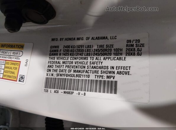 5FNYF8H53LB021110 2020 HONDA PASSPORT White 