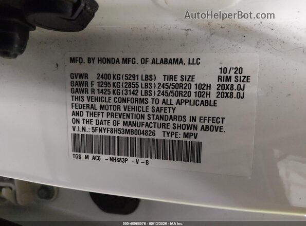 5FNYF8H53MB004826 2021 HONDA PASSPORT White Вид підкапотного простору