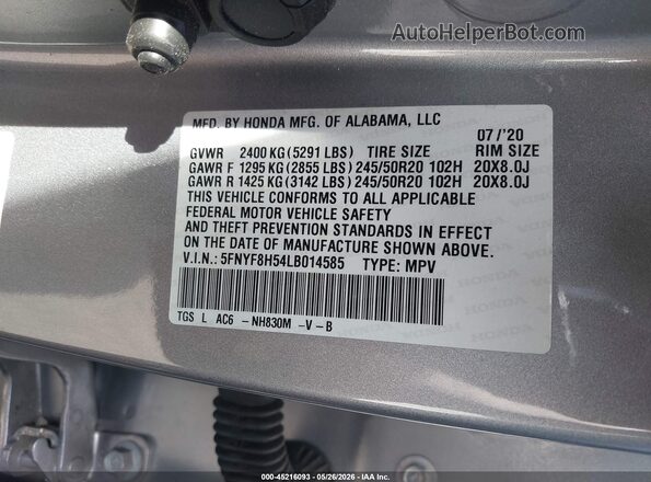 5FNYF8H54LB014585 2020 HONDA PASSPORT Silver Շարժիչի բաժամունքի տեսք