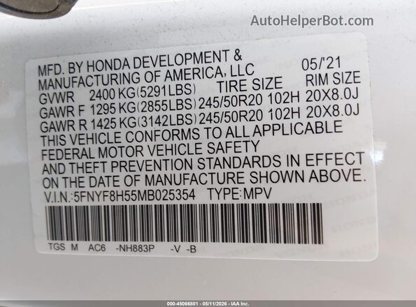 5FNYF8H55MB025354 2021 HONDA PASSPORT White Engine compartment view