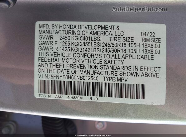 5FNYF8H60NB012540 2022 HONDA PASSPORT Silver Вид підкапотного простору
