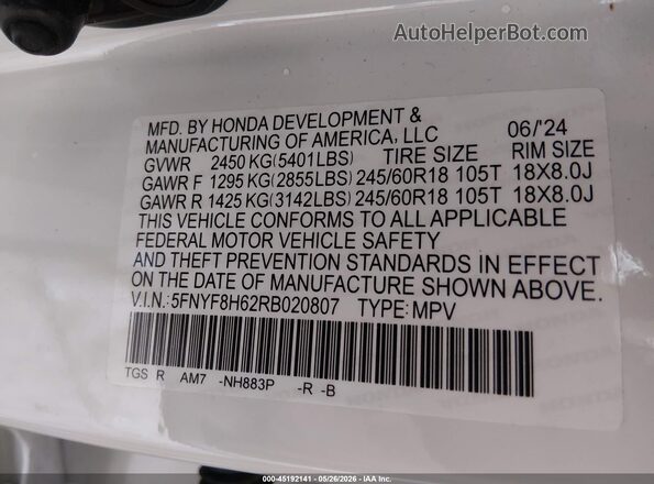 5FNYF8H62RB020807 2024 HONDA PASSPORT White Вид підкапотного простору