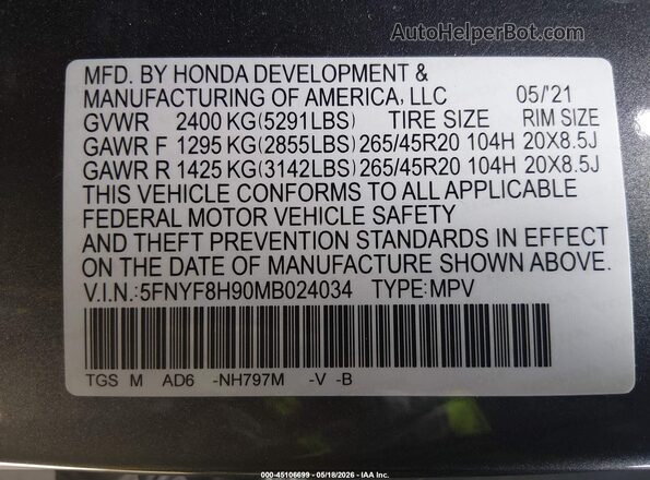 5FNYF8H90MB024034 2021 HONDA PASSPORT Gray Engine compartment view