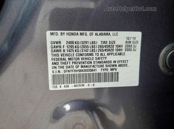 5FNYF8H98KB030841 2019 HONDA PASSPORT Gray 