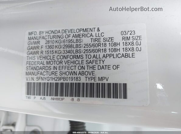 5FNYG1H29PB019183 2023 HONDA PILOT White Շարժիչի բաժամունքի տեսք