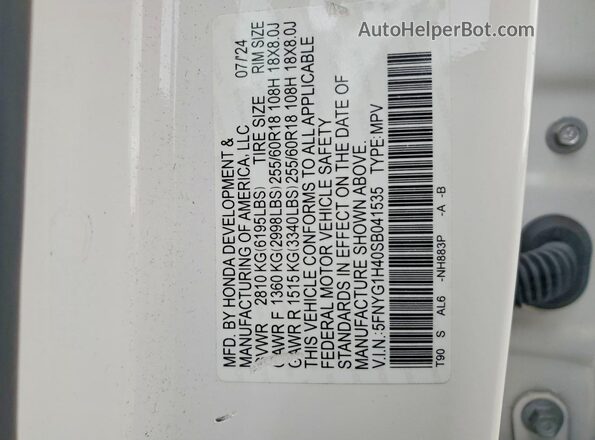 5FNYG1H40SB041535 2025 HONDA PILOT Белый 