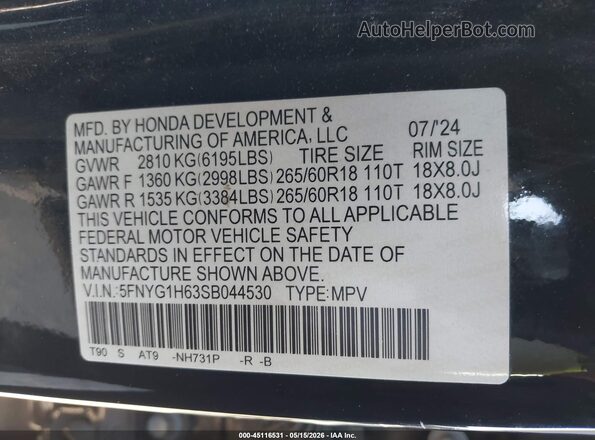 5FNYG1H63SB044530 2025 HONDA PILOT Black Շարժիչի բաժամունքի տեսք