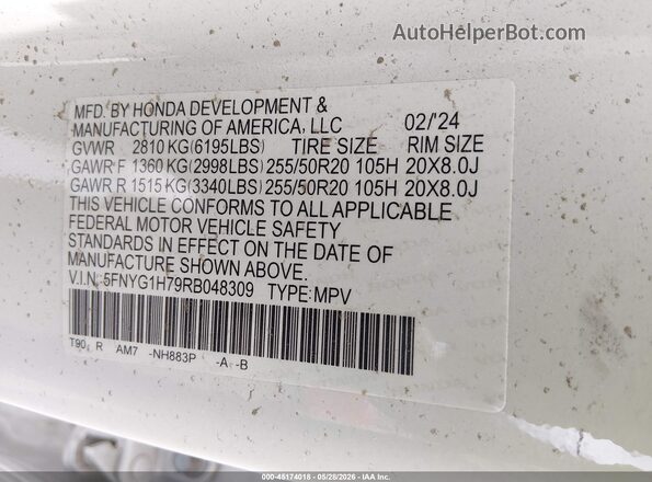 5FNYG1H79RB048309 2024 HONDA PILOT White Widok komory silnika