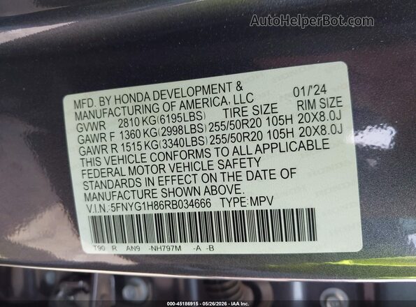 5FNYG1H86RB034666 2024 HONDA PILOT Gray Widok komory silnika