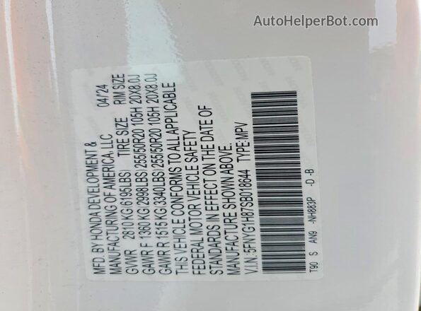 5FNYG1H87SB018644 2025 HONDA PILOT White 