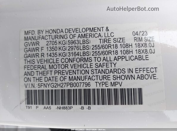 5FNYG2H27PB007796 2023 HONDA PILOT White ძრავის განყოფილების ხედი