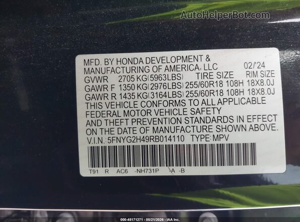 5FNYG2H49RB014110 2024 HONDA PILOT Black Widok komory silnika