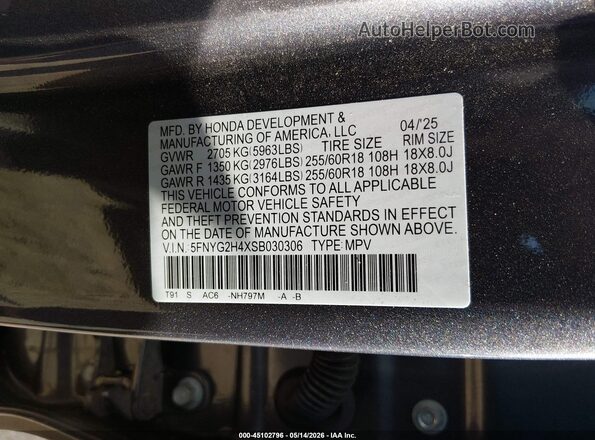 5FNYG2H4XSB030306 2025 HONDA PILOT Серый Вид подкапотного пространства