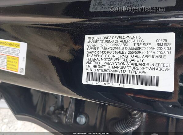 5FNYG2H7XSB042112 2025 HONDA PILOT Black ძრავის განყოფილების ხედი
