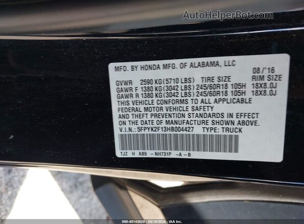 5FPYK2F13HB004427 2017 HONDA RIDGELINE Черный 